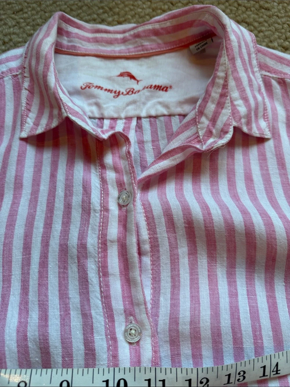 Tommy Bahama Woman’s Large 100% Linen Pink and White Striped Button-Up Shirt - Picture 11 of 11